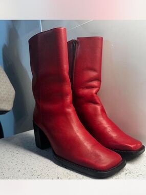 Marsell Red Leather Mid-Calf Block Heel Boots